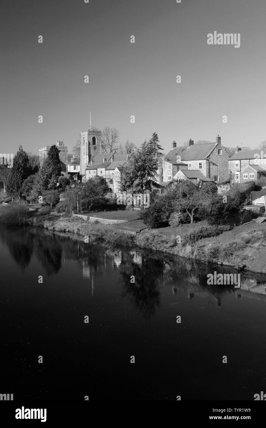St Nicholas Church and the Marmion Tower, River Ure, West Tanfield village, North Yorkshire, England Stock Photo