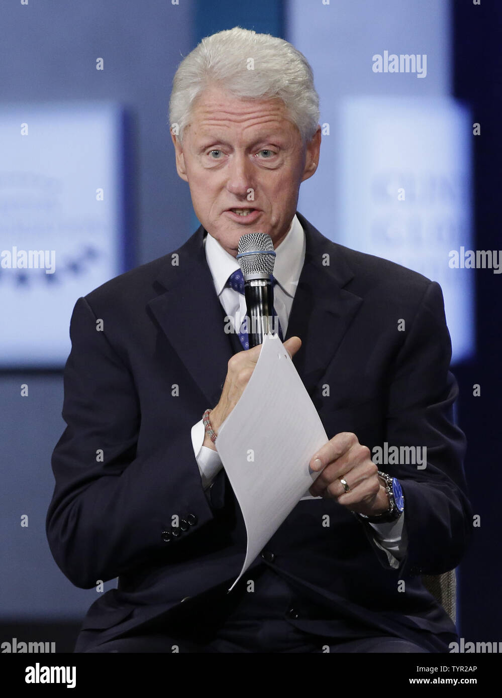 Former United States President Bill Clinton speaks on stage about the ...