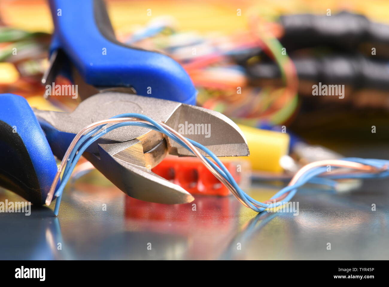 with closeup electrical tools used in home installation Stock