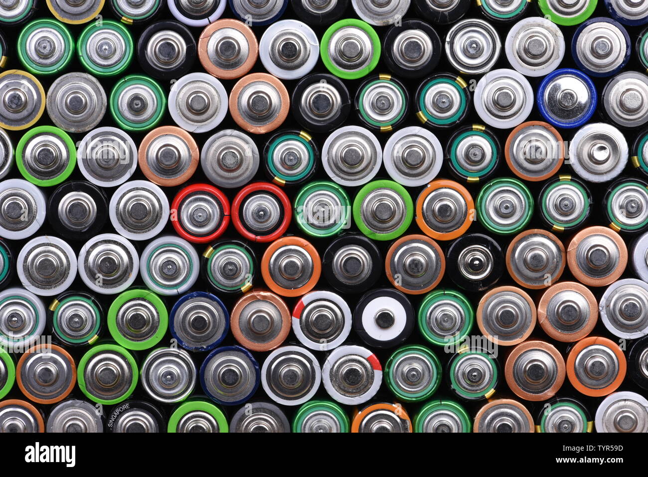 Top view of alkaline battery AA size energy background Stock Photo