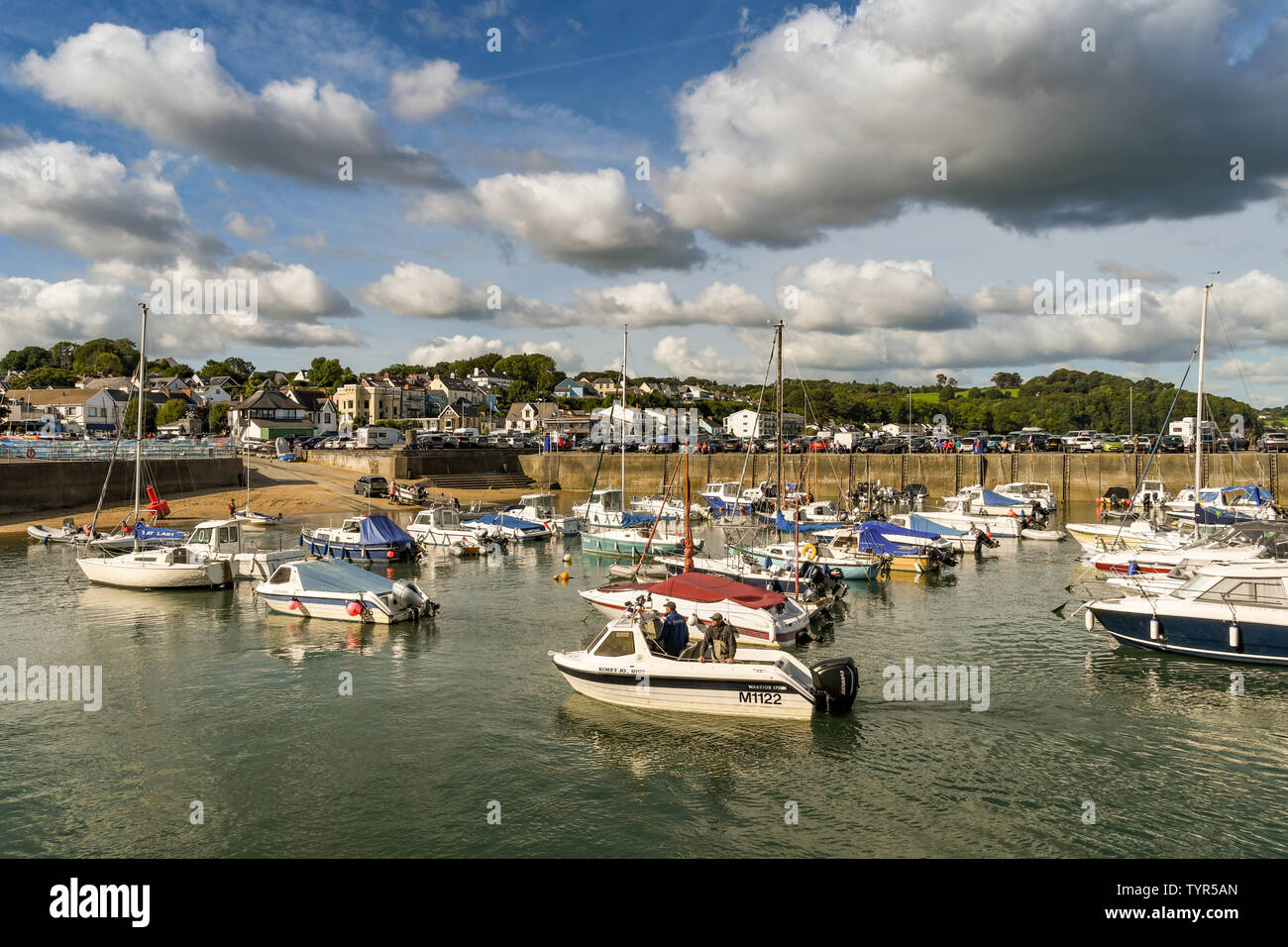 SAUNDERSFOOT, PEMBROKESHIRE, WALES - AUGUST 2018: Boats in the harbour in Saundersfoot, West Wales, Stock Photo