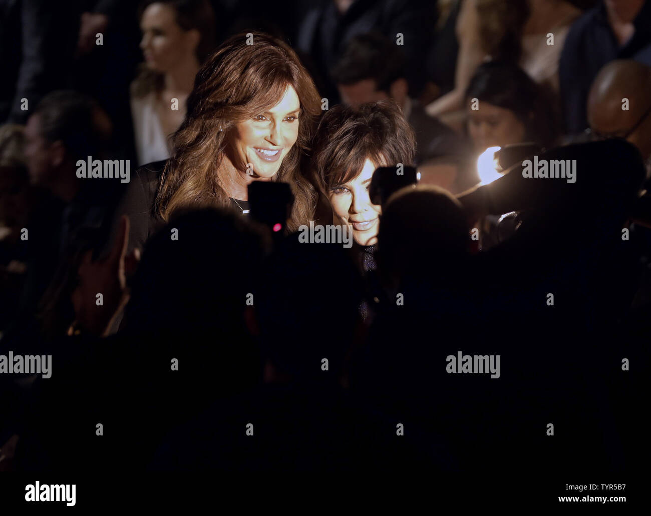Caitlyn Jenner and Kris Jenner pose for a photo in the front row at the Victoria's Secret Fashion Show at the Lexington Avenue Armory in New York City on November 10, 2015.     Photo by John Angelillo/UPI Stock Photo