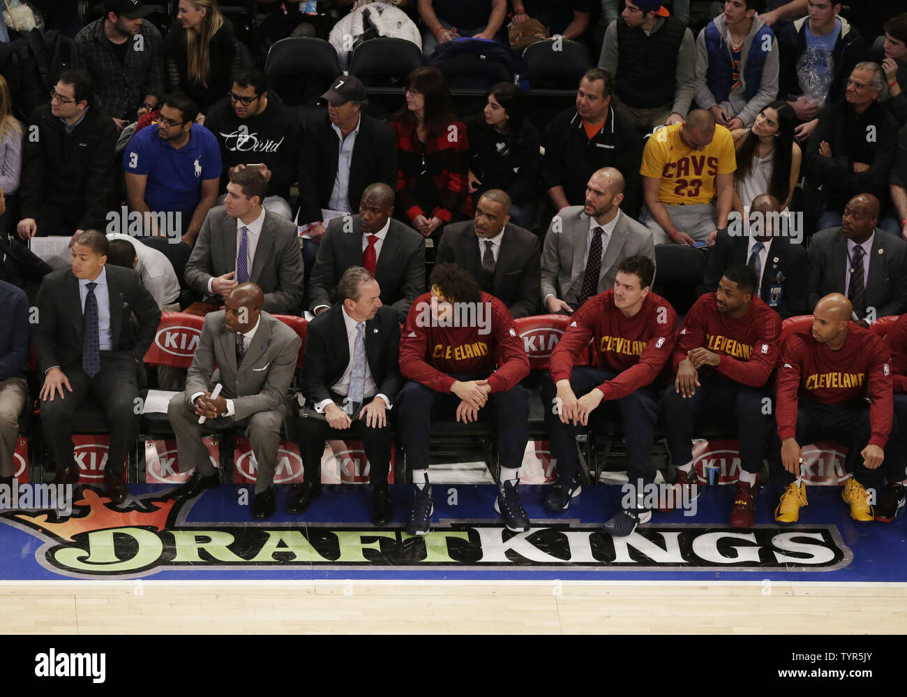 A DraftKings logo is on the court when Cleveland Cavaliers play the New York Knicks at Madison Square Garden in New York City on November 13, 2015. Daily fantasy giants DraftKings and FanDuel each filed a lawsuit Friday in New York State Supreme Court in Manhattan to try to stop New York Attorney General Eric Schneiderman from carrying out his threat to ban daily fantasy games from New York state.   Photo by John Angelillo/UPI Stock Photo