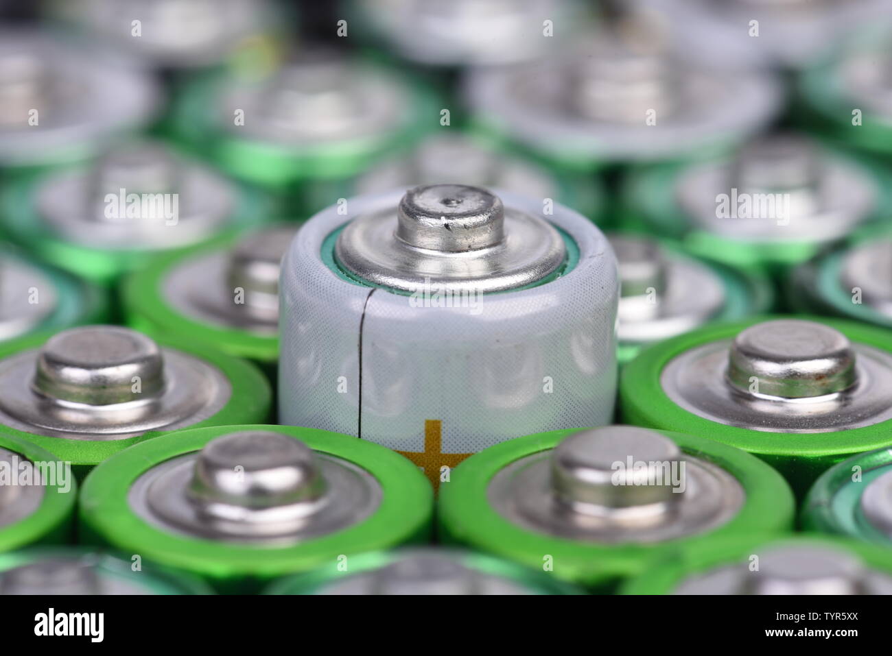 Macro alkaline batteries with selective focus on single one Stock Photo