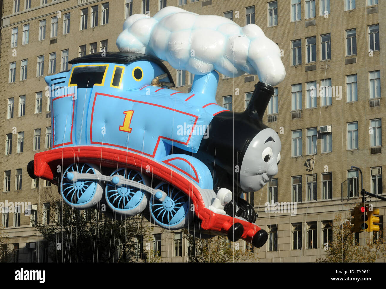 The Thomas Train Balloon balloon moves down the parade route at the 89th Macy's Thanksgiving Day Parade in New York City on November 26, 2015.     Photo by Dennis Van Tine/UPI Stock Photo