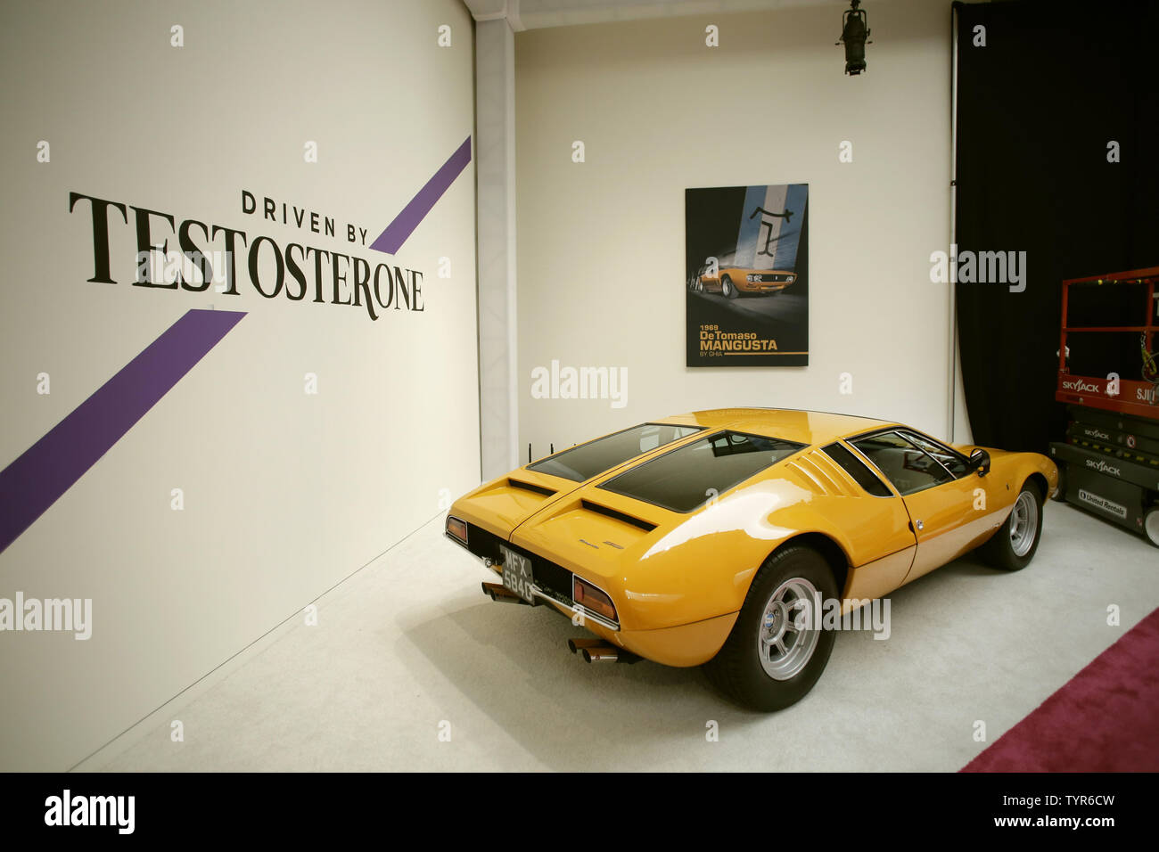 A 1969 De Tomaso Mangusta is on display during a press preview before the 'Driven by Disruption' auction at Sotheby's in New York City on December 4, 2015. The auction will include more than 30 vehicles spanning 70 years in automotive innovation.     Photo by John Angelillo/UPI Stock Photo