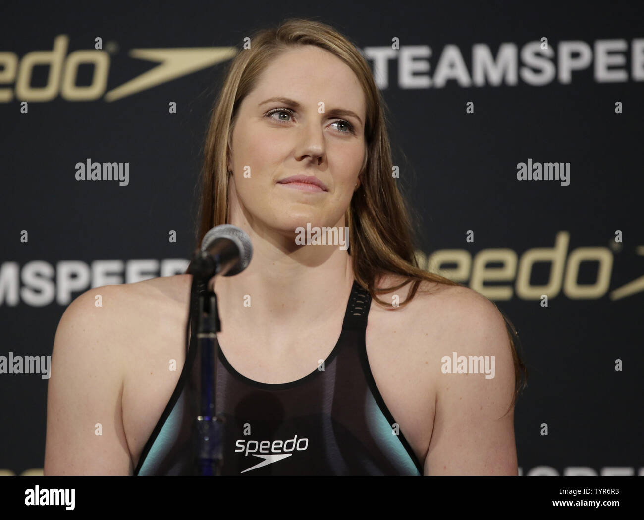 Missy Franklin answers questions after the New York launch of Team Speedo  and Speedo's Fastskin LZR Racer X in New York City on December 15, 2015.  Olympic champions Missy Franklin, Ryan Lochte