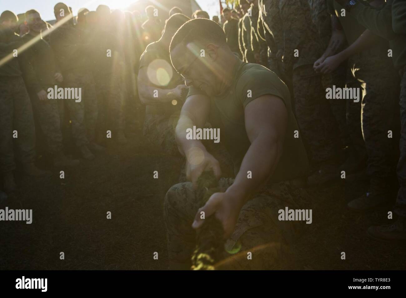 Pfc. Ismael ColonDominguez struggles to pull a rope in a tug-of-war ...