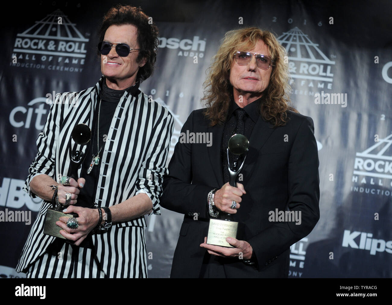 Glenn Hughes and David Coverdale of Deep Purple arrive in the press room at the 31st Annual Rock And Roll Hall Of Fame Induction Ceremony at Barclays Center on April 8, 2016 in New York City. The 2016 class features Chicago, Cheep Trick and Deep Purple.    Photo by Dennis Van Tine/UPI Stock Photo