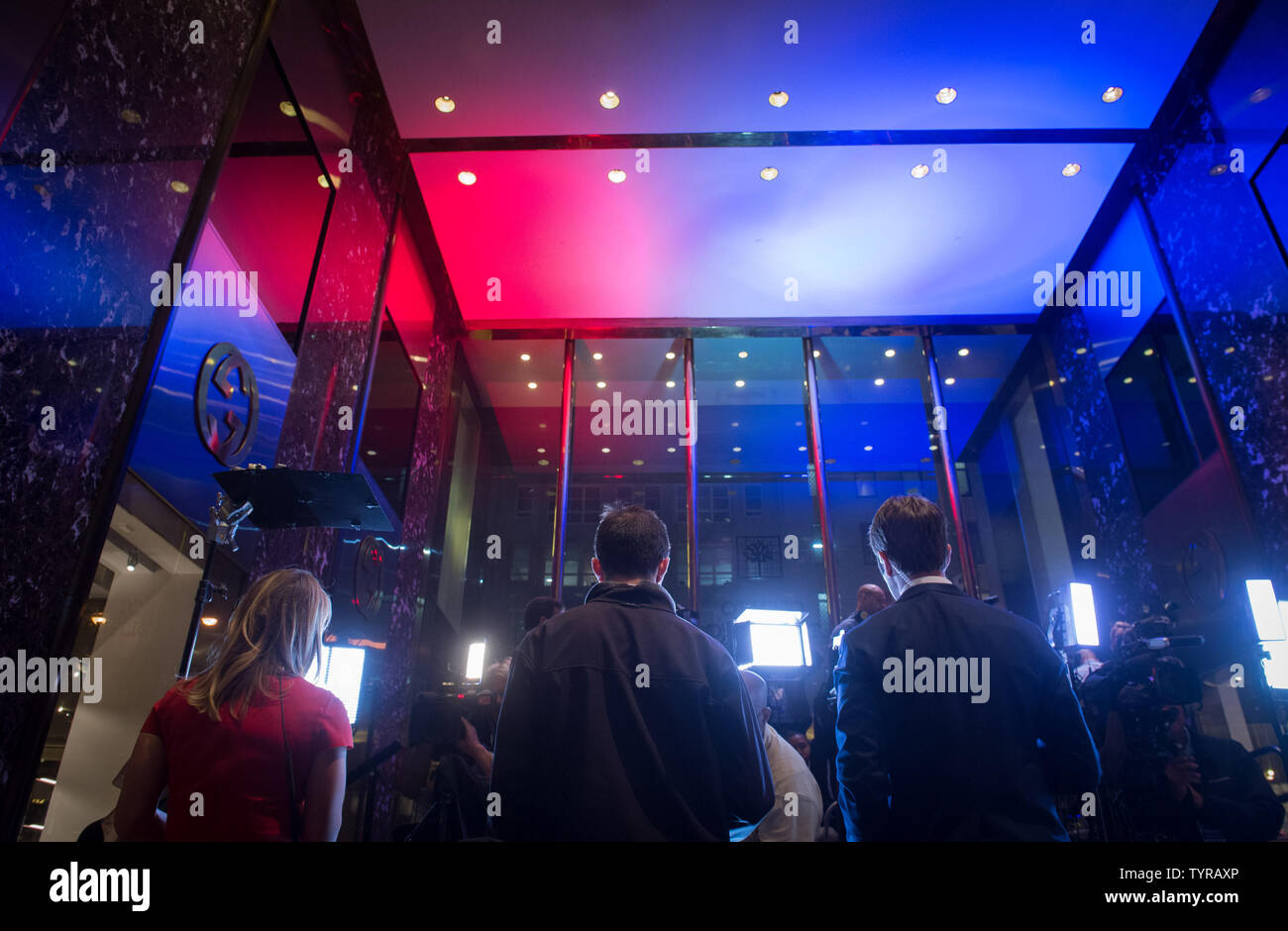 Members of the media wait for Republican candidate for President Donald Trump to speak after the Connecticut, Delaware, Maryland, Pennsylvania, and Rhode Island primaries at Trump Tower on April 26, 2016 in New York City.      Photo by Bryan R. Smith/UPI Stock Photo