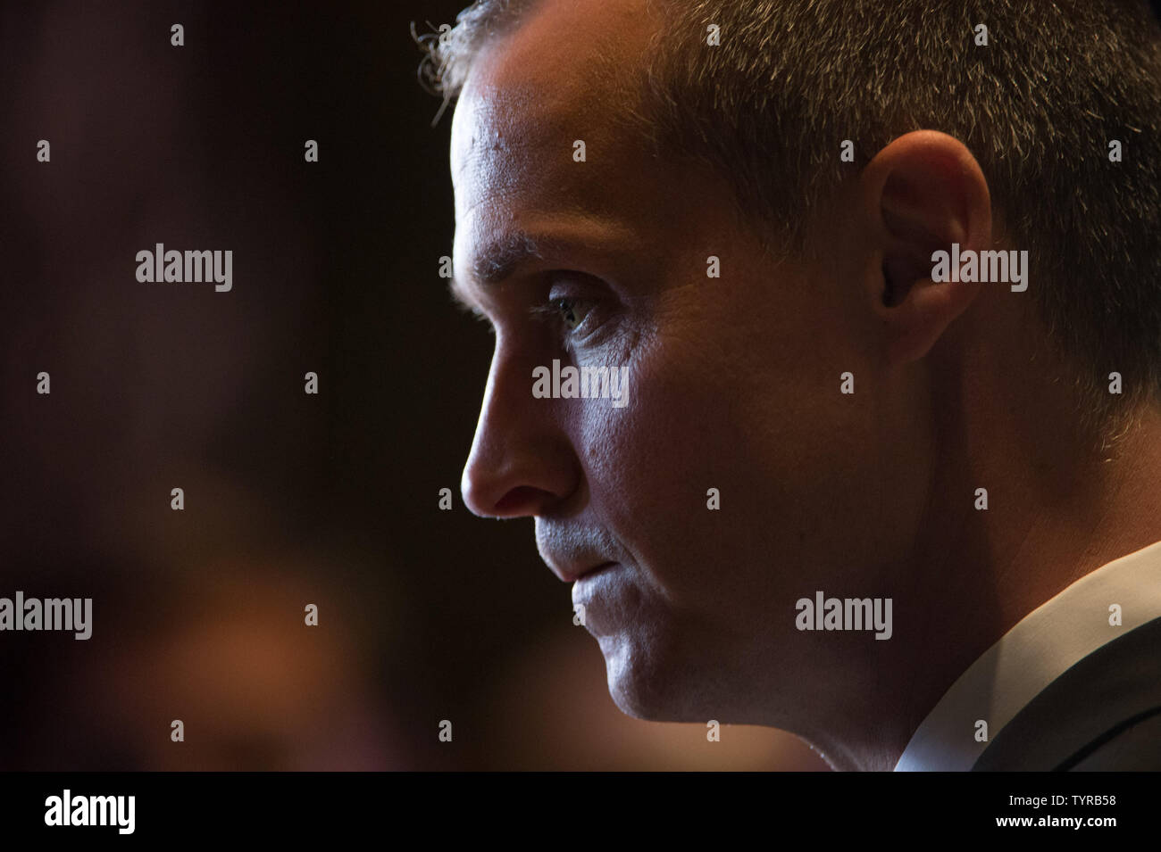 Trump campaign advisor Corey Lewandowski speaks to reporters before Republican candidate for President Donald Trump speaks after the Connecticut, Delaware, Maryland, Pennsylvania, and Rhode Island primaries at Trump Tower on April 26, 2016 in New York City.      Photo by Bryan R. Smith/UPI Stock Photo