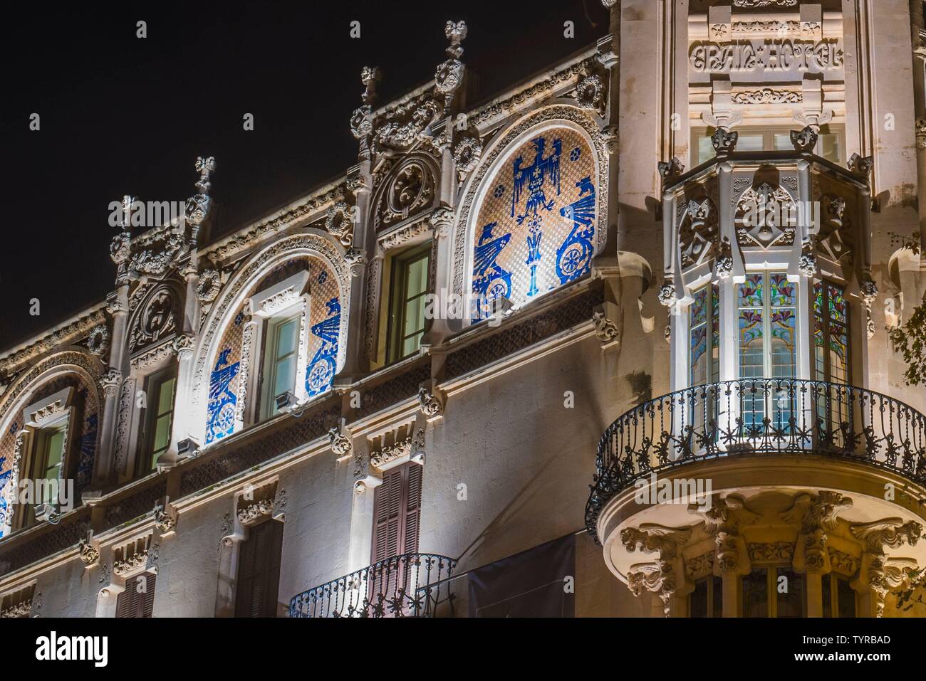 Spain, Mallorca,Palma, 11-29-2019. The former Grand Hotel in Palma is an outstanding example of Modernisme, Stock Photo