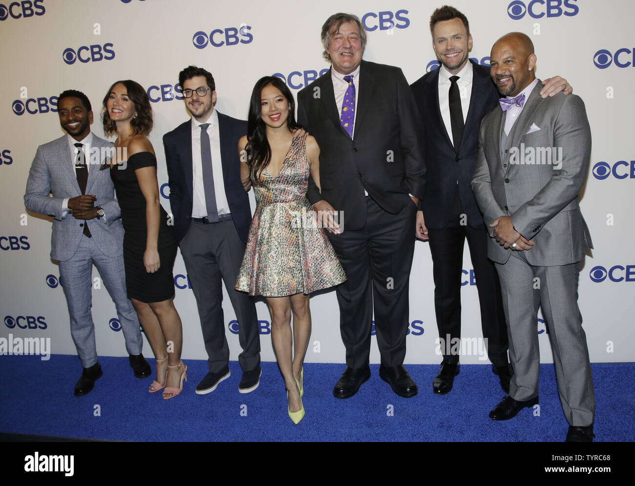 Chris Williams, Christopher Mintz-Plasse, Susannah Fielding, Christine Ko, Joel McHale, Stephen Fry arrive on the red carpet at the 2016 CBS Upfront at Oak Room on May 18, 2016 in New York City.    Photo by John Angelillo/UPI Stock Photo
