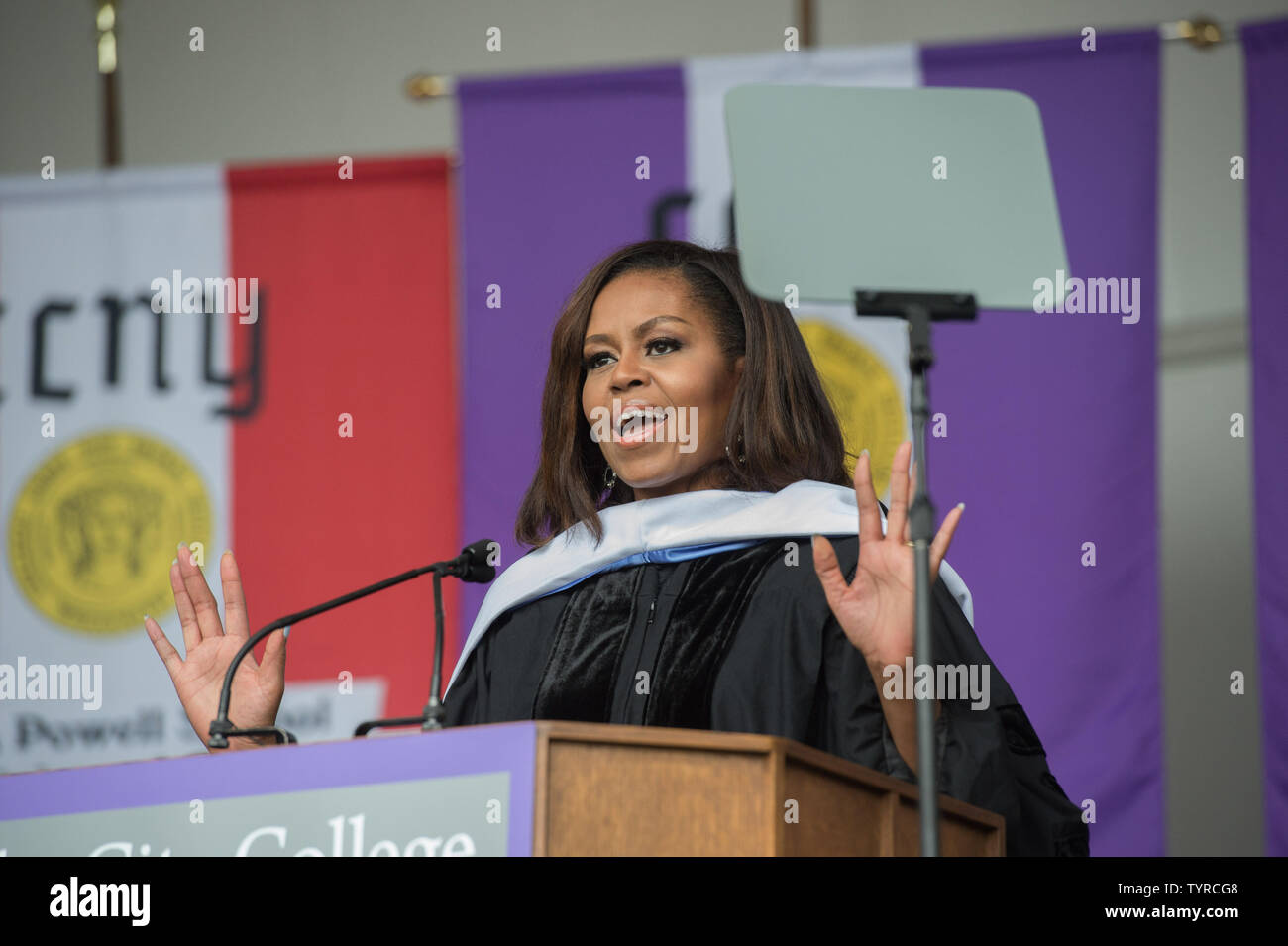 First Lady Michelle Obama delivers her final commencement address as First Lady at the 170th Commencement Ceremony of The City College of New York on the CCNY campus in historic Harlem, Friday, June 3, 2016. More than 3,000 students make up the Class of 2016.  Photo by Bryan R. Smith/UPI Stock Photo