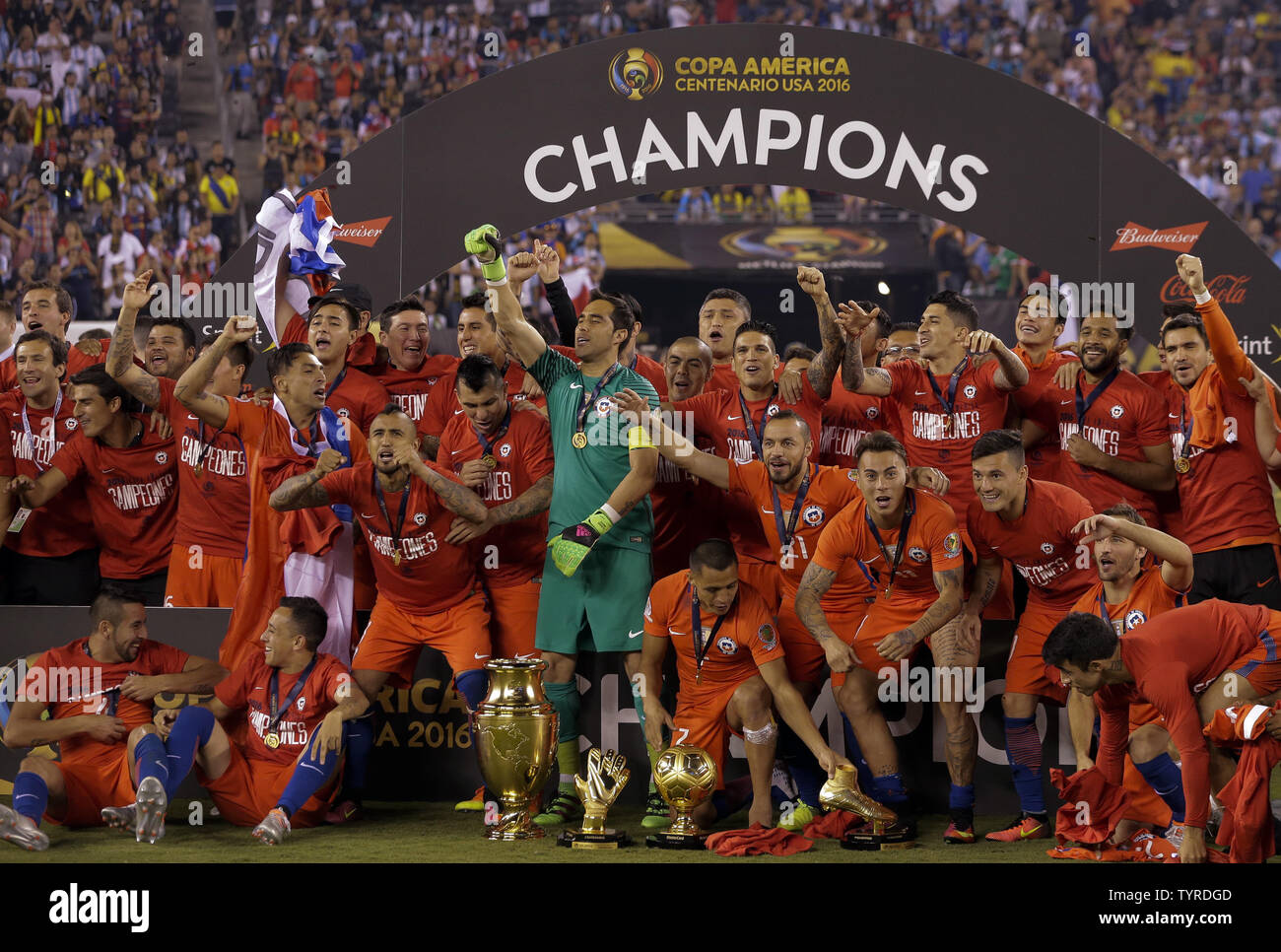 Chile goalkeeper Claudio Bravo (1) clenches his fist as his teammates celebrate after beating Argentina in the penalty kicks phase at the Copa America Centenario USA 2016 Finals at MetLife Stadium in East Rutherford, New Jersey on June 26, 2016.      Photo by Ray Stubblebine/UPI Stock Photo