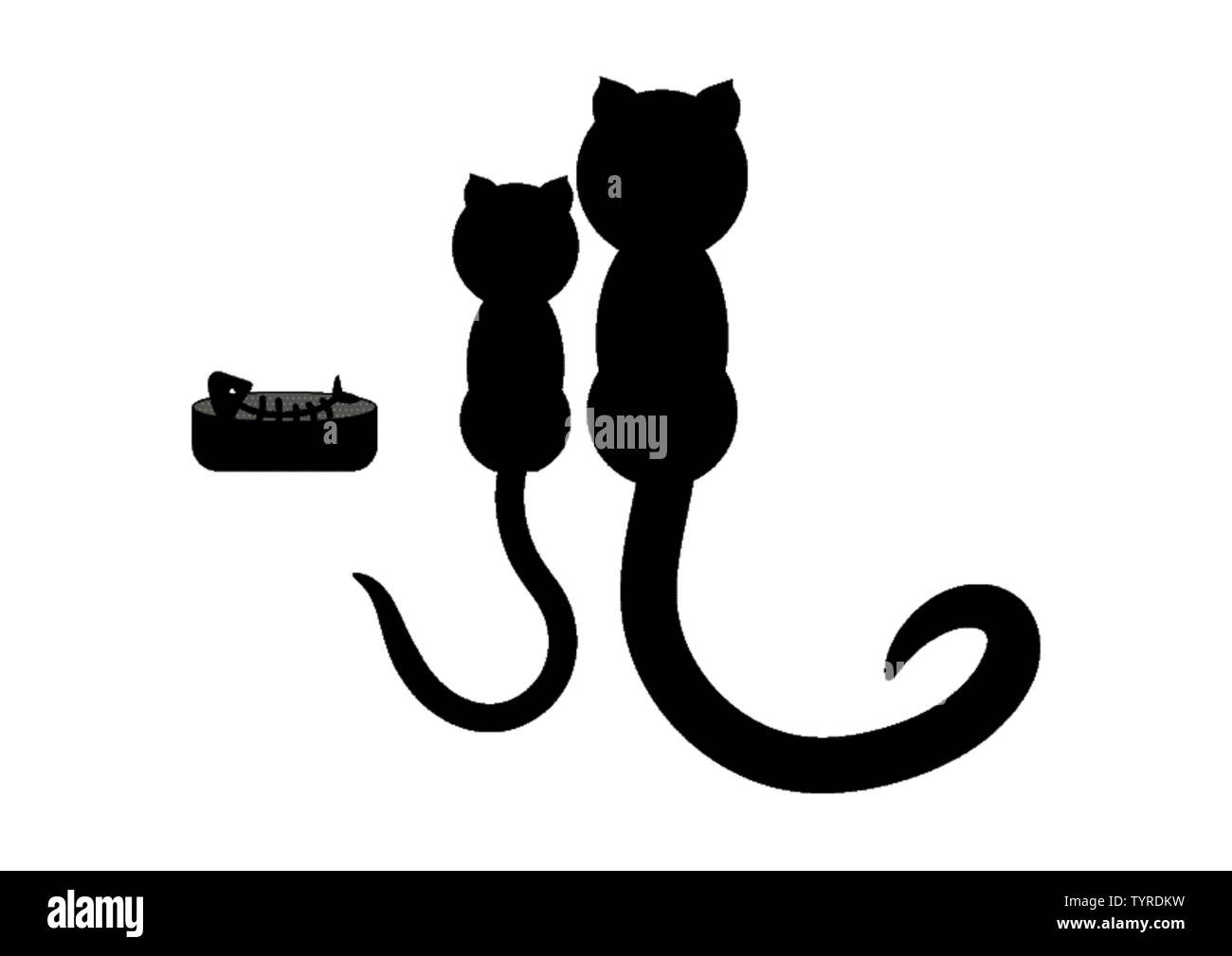 Cartoon illustration of a two cats sitting with the food bowl. Fish bone is in the bowl. It's a black silhouette. Stock Vector
