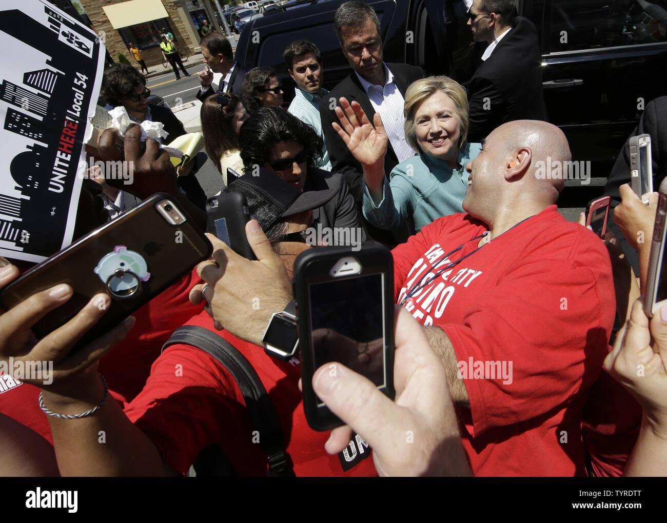 Democratic candidate for President Hillary Clinton greets union members on strike outside of the Trump Taj Mahal Hotel and Casino in Atlantic City, NJ on July 6, 2016. Hillary Clinton also stood by closed down Trump Plaza on the Atlantic City boardwalk and cast Republican rival Donald Trump's turbulent business record in the seaside town as a prime example of why he shouldn't become president. On Tuesday F.B.I. director, James B. Comey recommended no criminal charges against Hillary Clinton for her handling of classified information while she was secretary of state.    Photo by John Angelillo/ Stock Photo