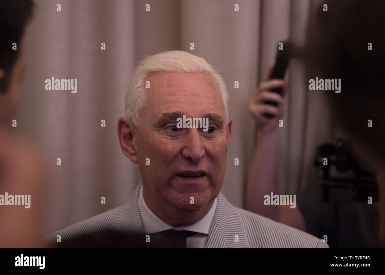 Political consultant Roger Stone speaks to the media before Presumptive Republican nominee for President Donald Trump speaks at a press conference at the New York Hilton on July 16, 2016 in New York City. Photo by Bryan R. Smith/UPI Stock Photo