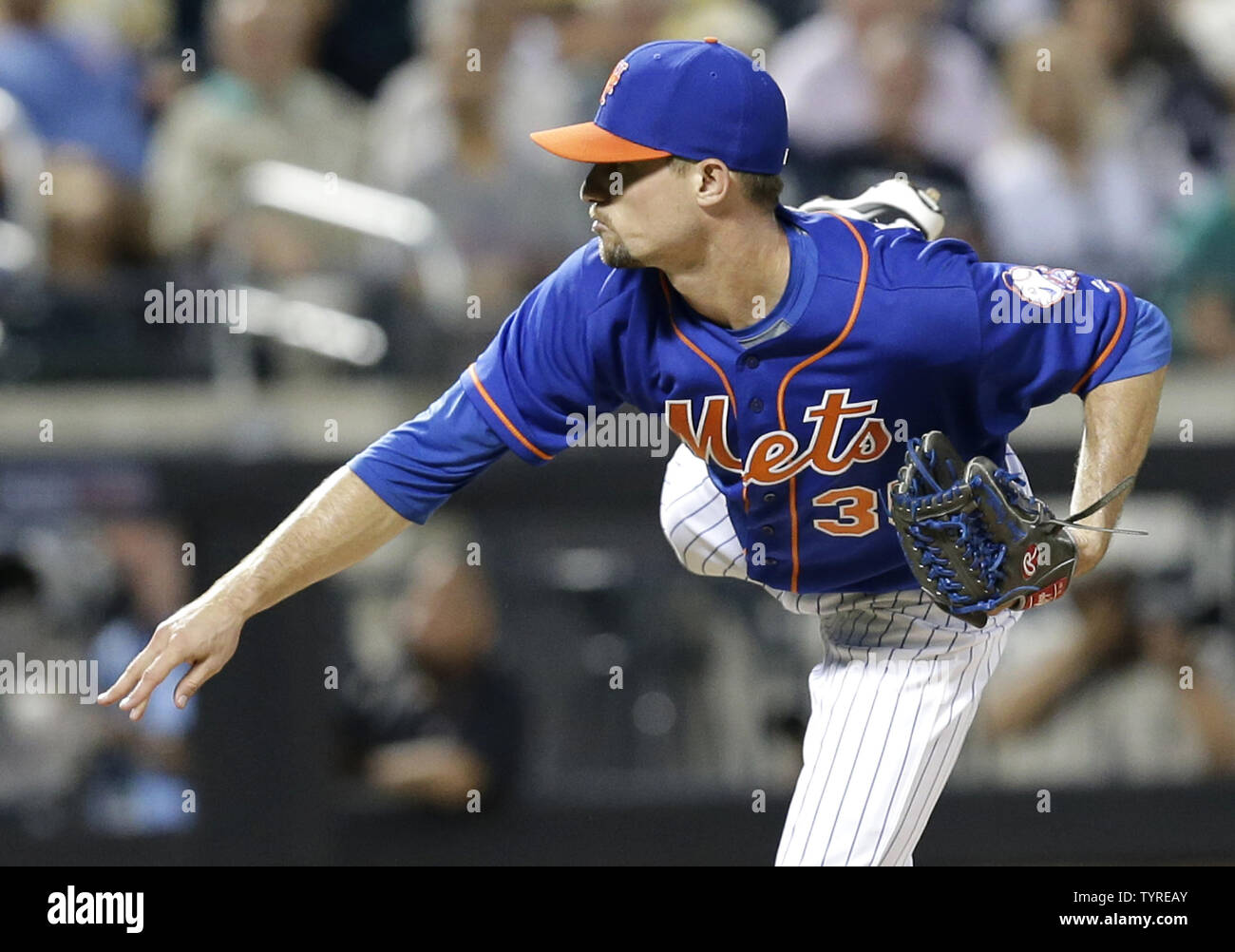 New York Mets starting pitcher Logan Verrett throws a pitch in the 3rd inning against the New York Yankees  at Citi Field in New York City on August 1, 2016.      Photo by John Angelillo/UPI Stock Photo