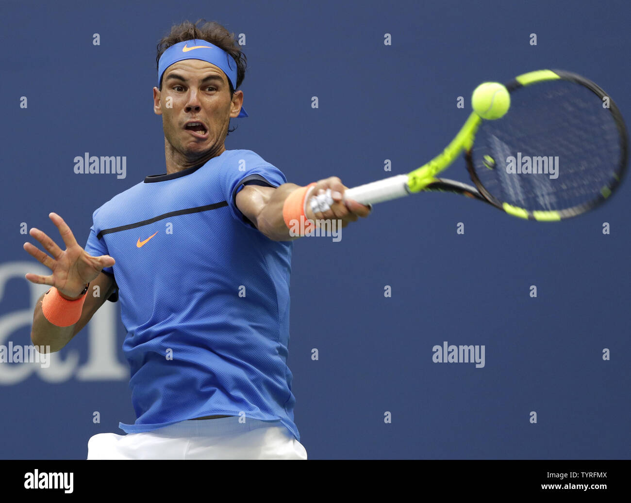 Rafael Nadal of Spain hits a forehand in his 5 set defeat to Lucas Pouille  of France in the 4th round in Arthur Ashe Stadium at the 2016 US Open Tennis  Championships