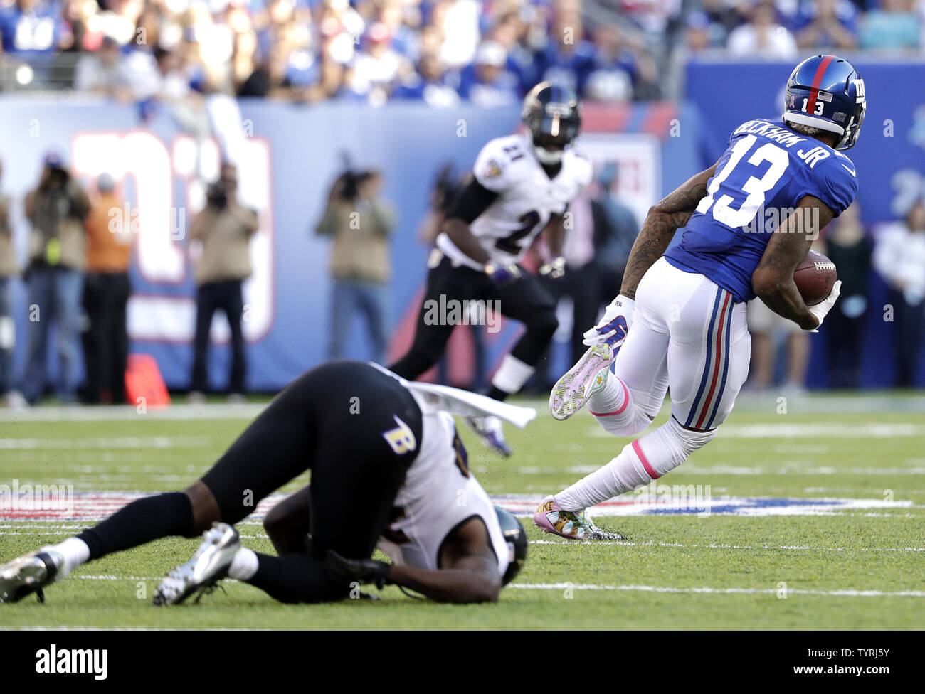 New York Giants Odell Beckham Jr. runs for a 66 yard touchdown in the 4th  quarter against the Baltimore Ravens in week 6 of the NFL at MetLife Stadium  in East Rutherford,