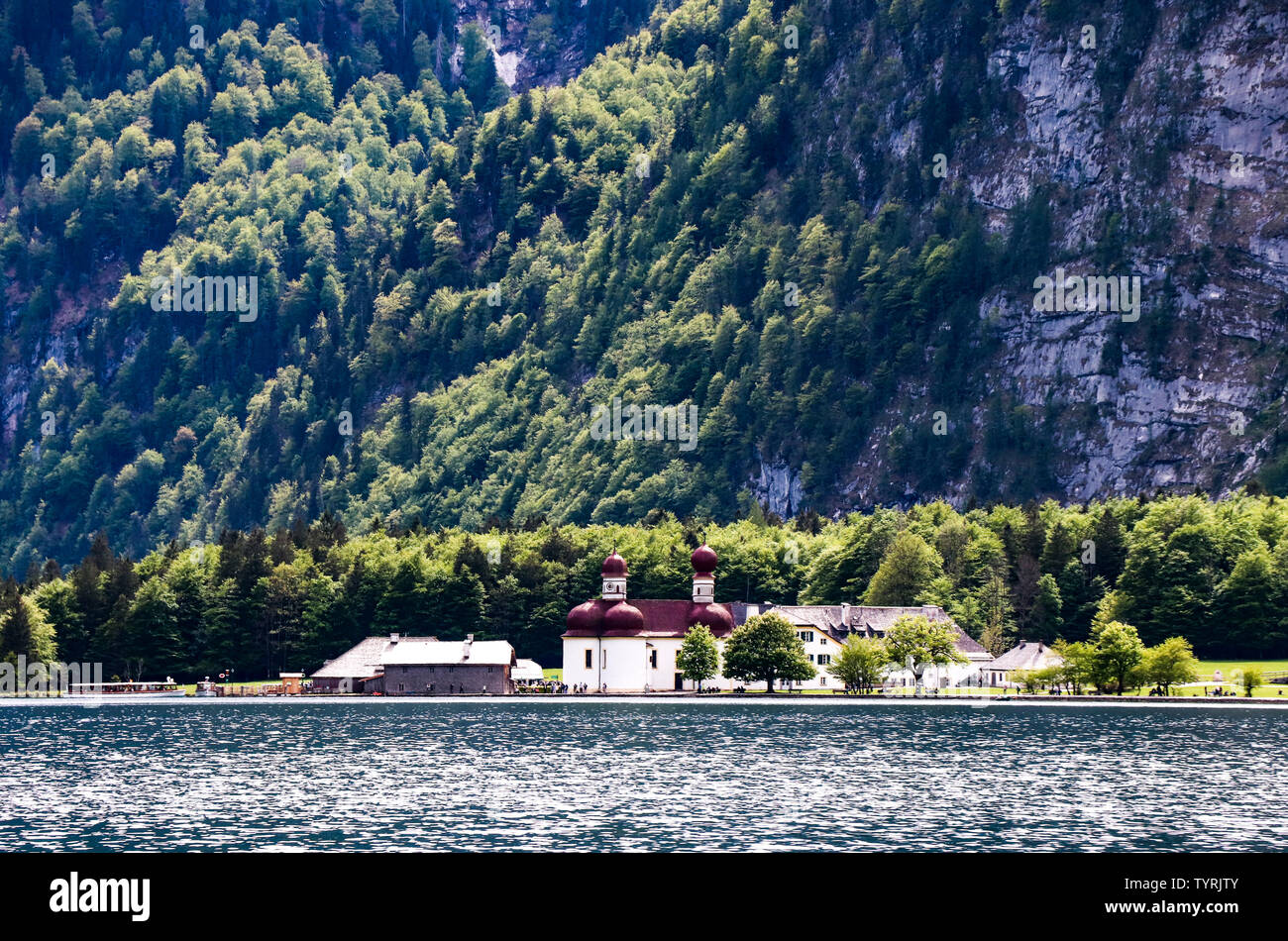 Wonderful St Bartholoma church with alpine lake Konigsee, Bavaria, Germany. Stock Photo