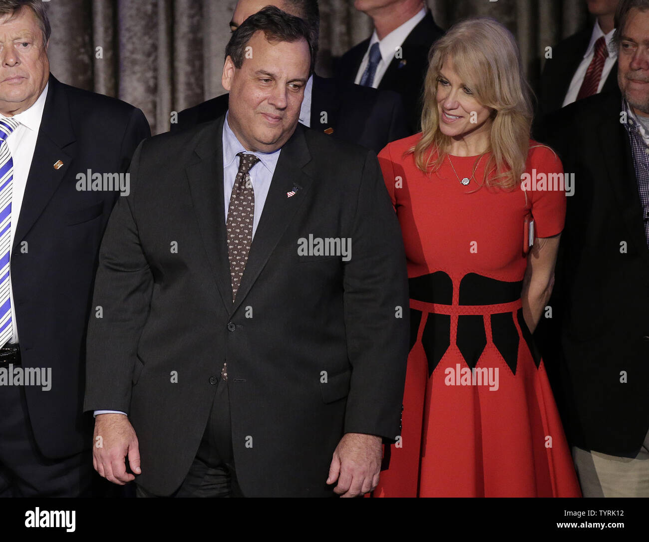 New Jersey Governor Chris Christy stands with President-elect of the United States Donald Trump's campaign manager Kellyanne Conway as Trump makes his acceptance speech at the New York Hilton Midtown on November 8, 2016 in New York City. Trump stunned the political world by defeating Hillary Clinton.    Photo by John Angelillo/UPI Stock Photo