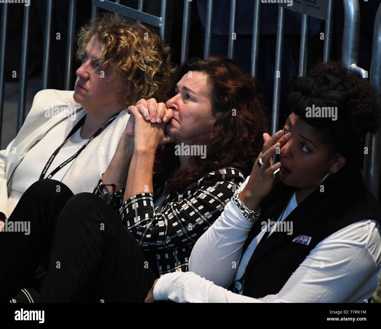 Supporters react as results are announced during Democratic presidential candidate Hillary Clinton's election night rally at the Javits Center in New York on November 8, 2016.          Photo by Pat Benic/UPI Stock Photo