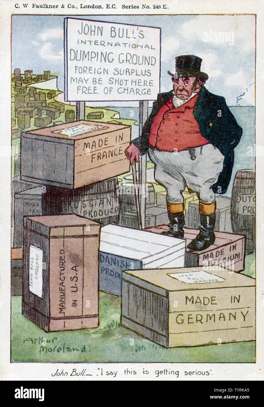 FREE TRADE Cartoon about 1910 showing John Bull concerned about the the amount of free trade goods arriving in Britain Stock Photo