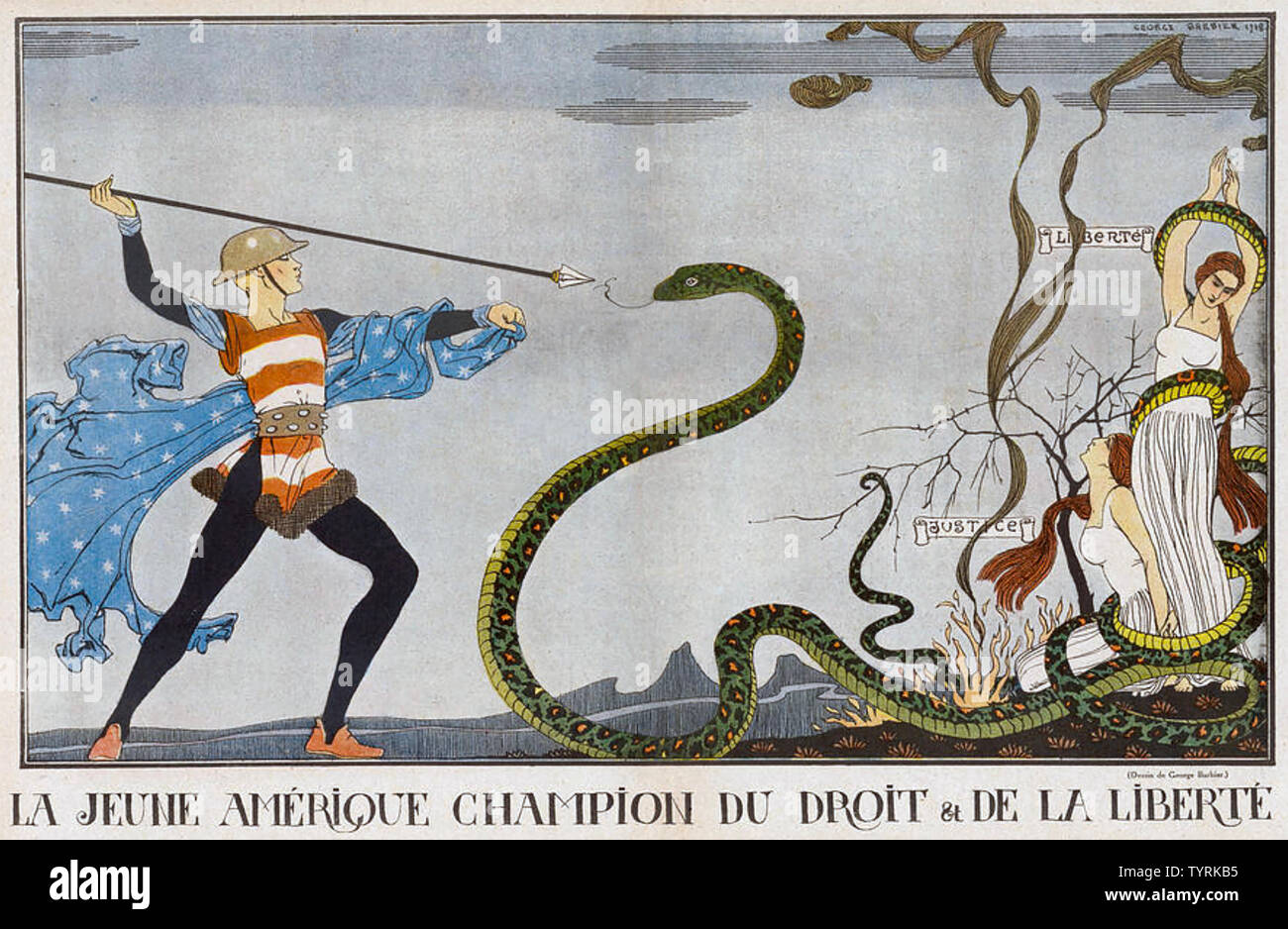 YOIUNG AMERICA RESCUES EUROPE French cartoon of 1918 Stock Photo