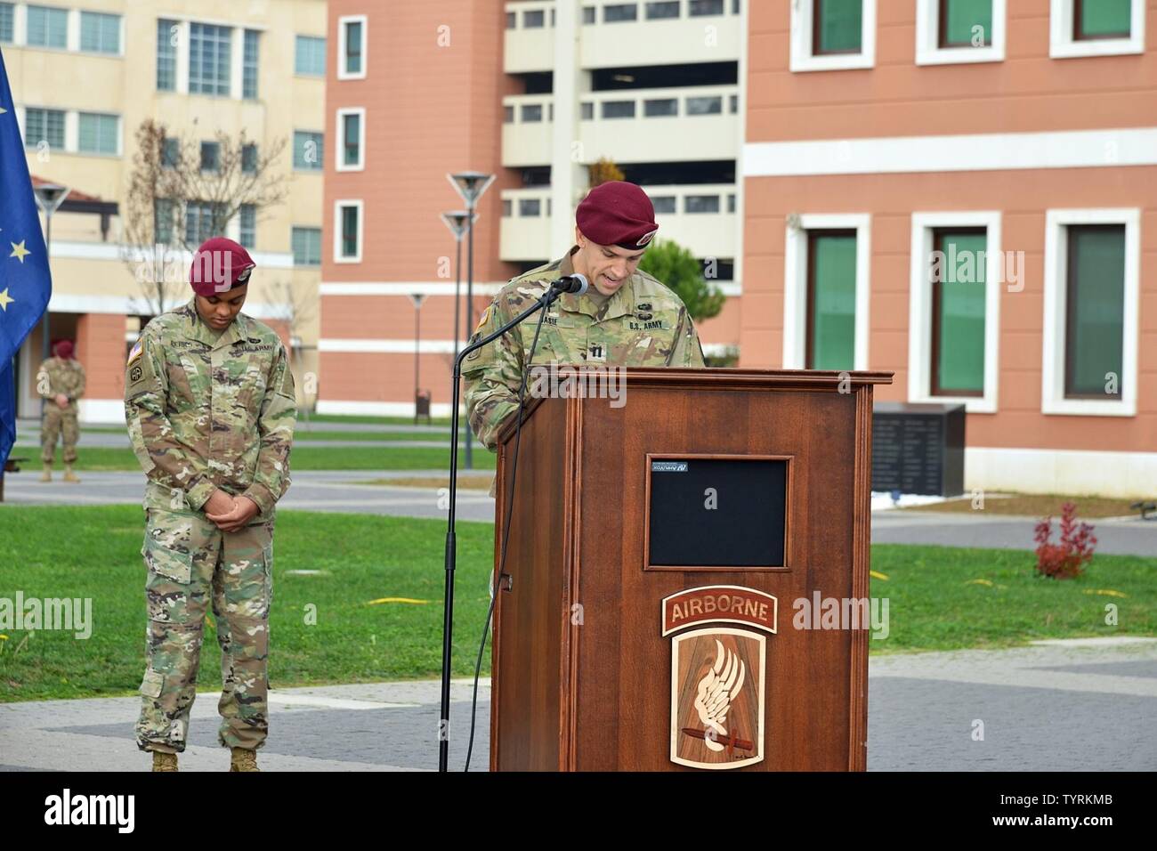 Capt. Michael Basie, 173rd Airborne Battalion chaplain, gives the invocation, Nov. 23, 2016, during the change of responsibility ceremony for 54th Brigade Engineer Battalion at  Caserma Del Din in Vicenza, Italy. The 173rd Airborne Brigade based in Vicenza, Italy, is the Army Contingency Response Force in Europe, and is capable of projecting forces to conduct the full of range of military operations across the United State European, Central and Africa Commands areas of responsibility. Stock Photo
