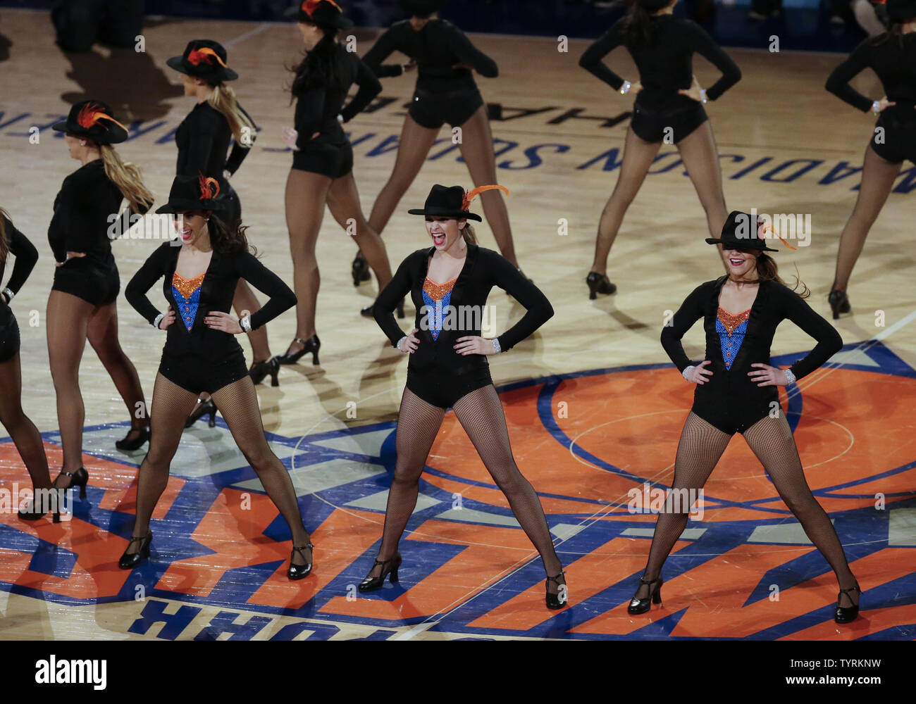 The Knicks City Dancers perform in a time out when the New York Knicks play the Charlotte Hornets at Madison Square Garden in New York City on November 25, 2016.   Photo by John Angelillo/UPI Stock Photo