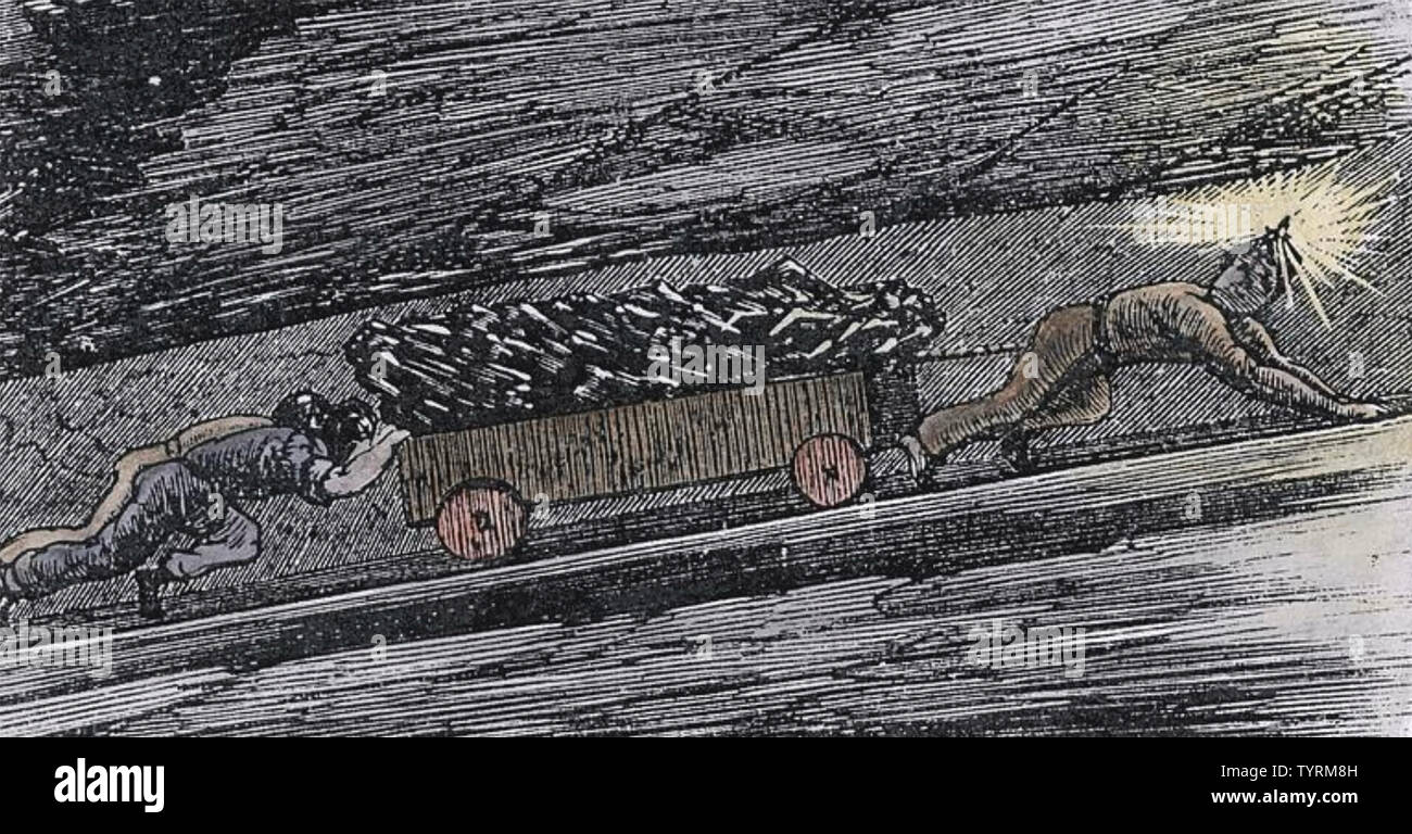 COAL MINING 'Patters' moving a truck to the surface about 1830 Stock Photo