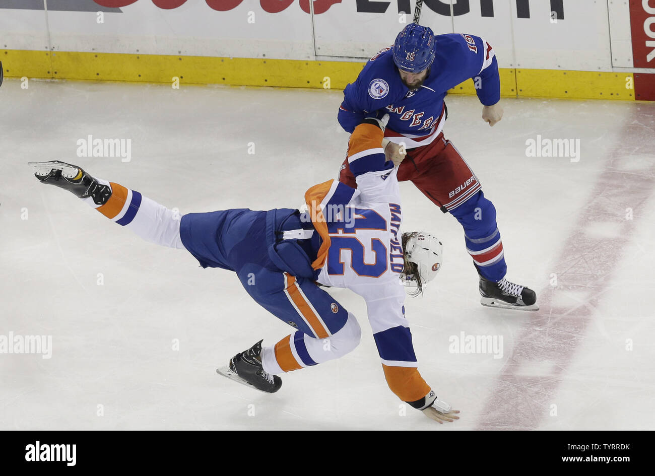 New York Rangers Tanner Glass And New York Islanders Scott Mayfield Throw Punches As They Fight In The 2nd Period Goal At Madison Square Garden In New York City On March 22