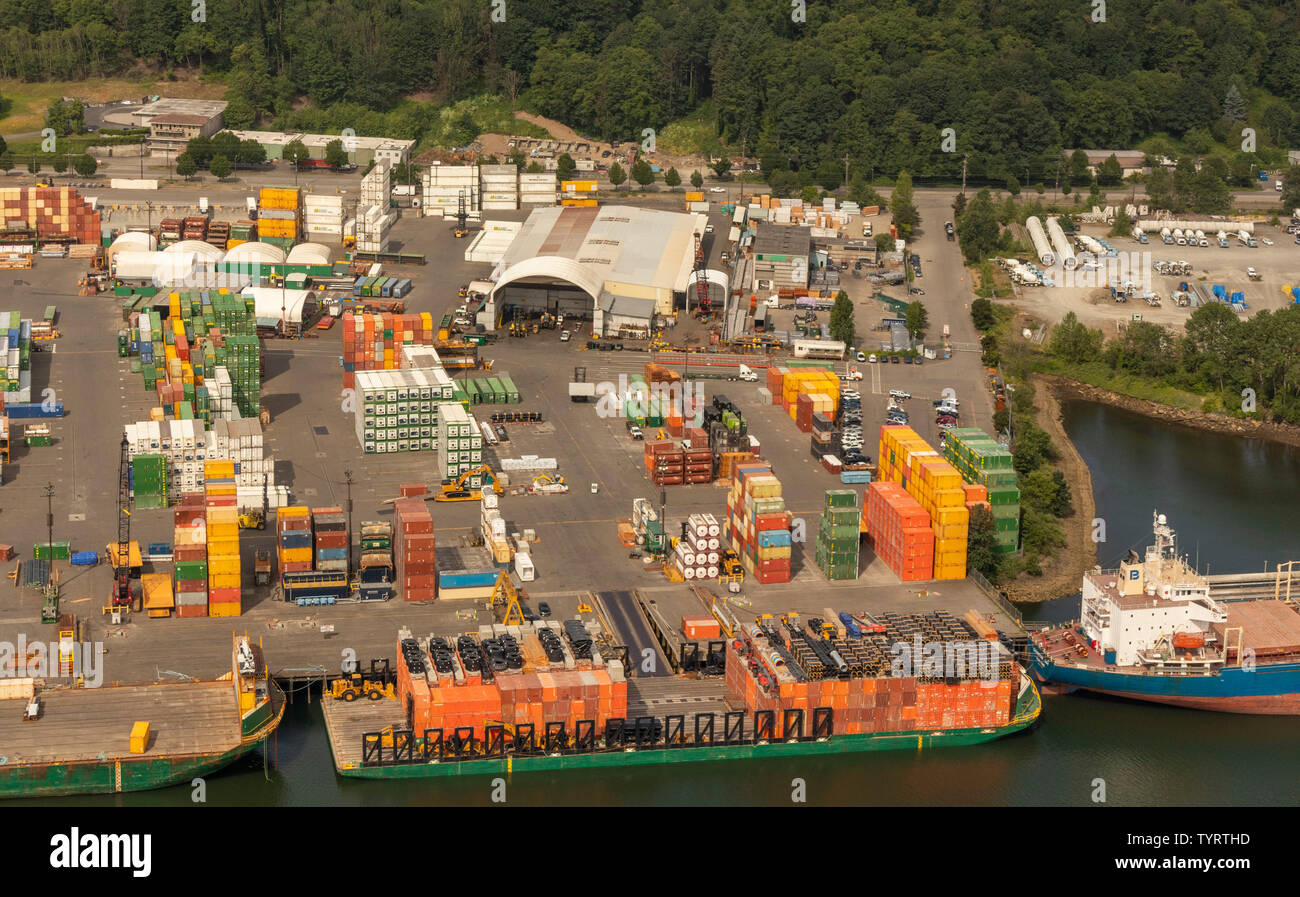 aerial view of containers in Sea-Pac Service Co depot, 6100 W Marginal Way SW, Seattle, WA 98106 Stock Photo
