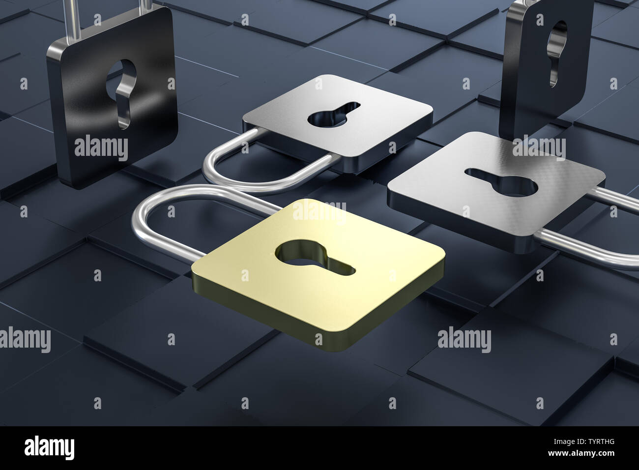 Three-dimensional rendering, metal encryption lock with tech background ...