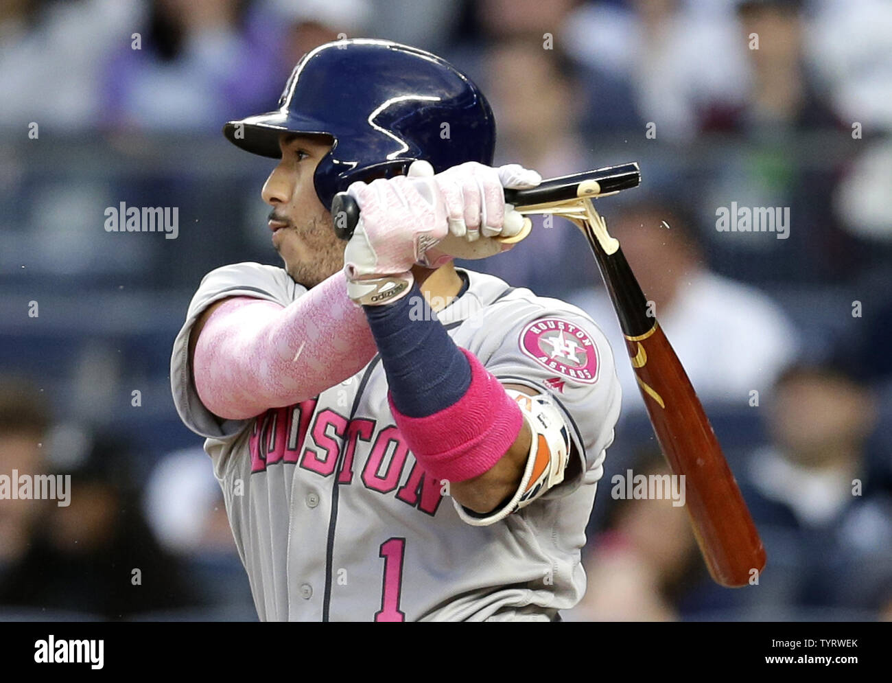 Houston Astros Carlos Correa breaks his bat in the first inning against the New York Yankees at Yankee Stadium in New York City on May 14, 2017. The New York Yankees former shortstop Derek Jeter before the game had his No. 2 retired and was also honored with a plaque in Monument Park.     Photo by John Angelillo/UPI Stock Photo