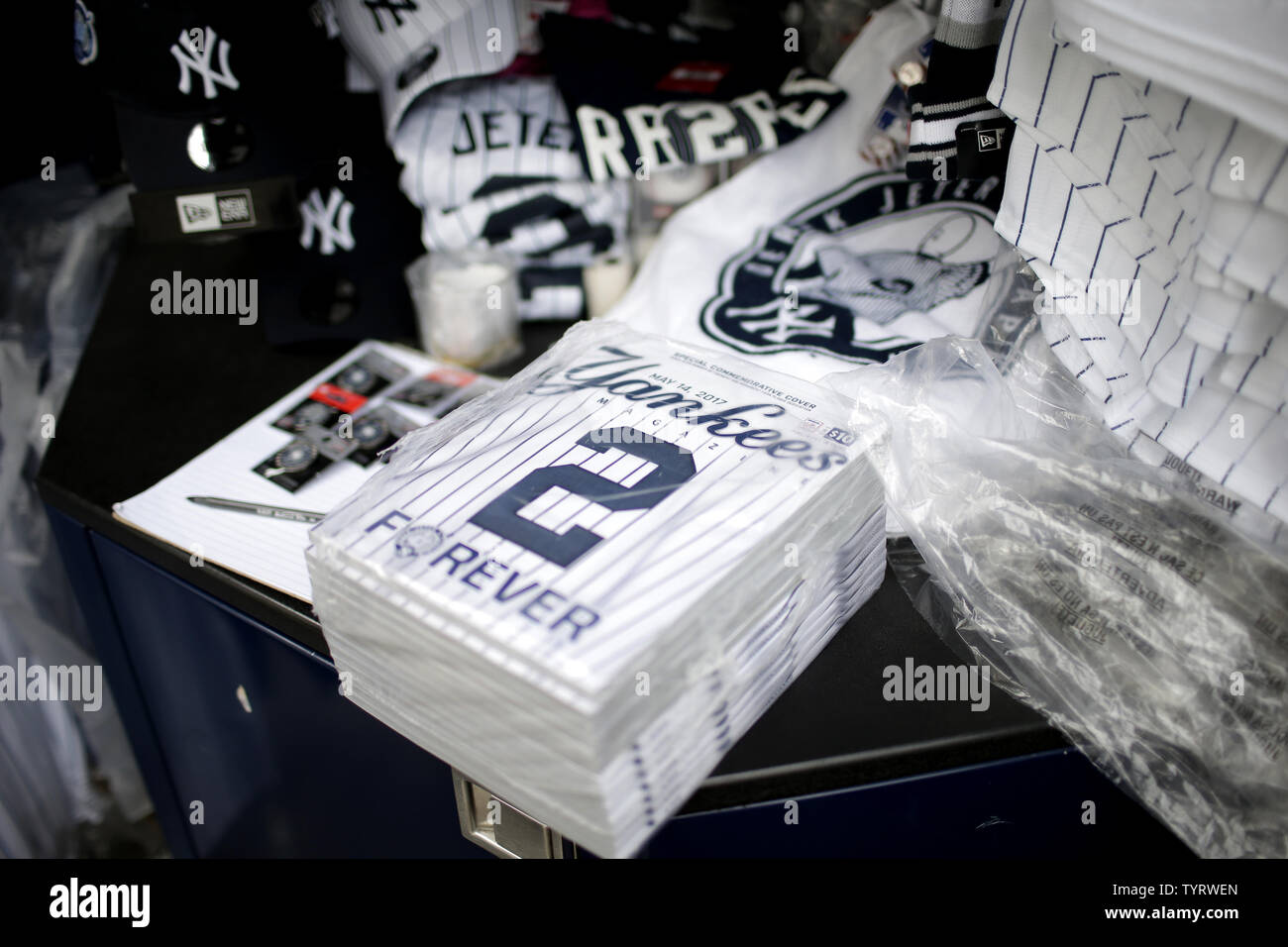Special Derek Jeter commemorative merchandise is on sale before the Houston Astros play the New York Yankees at Yankee Stadium in New York City on May 14, 2017. The New York Yankees former shortstop will have his No. 2 retired and will also be honored with a plaque in Monument Park.     Photo by John Angelillo/UPI Stock Photo