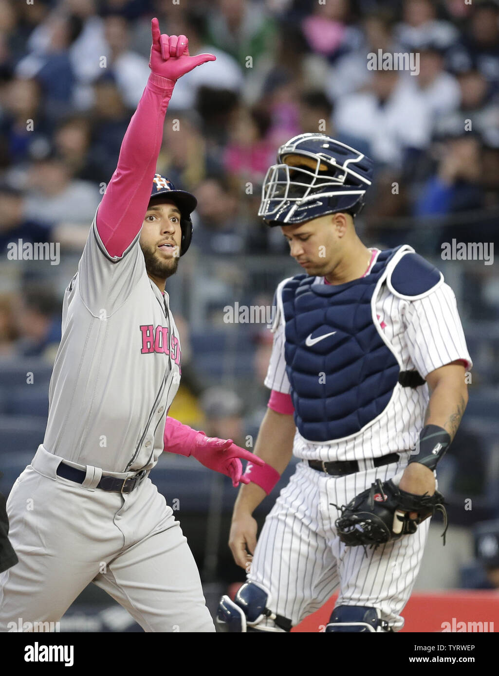 Houston Astros George Springer celebrates after hitting a lead off solo home run in the first inning off of New York Yankees starting pitcher Masahiro Tanaka at Yankee Stadium in New York City on May 14, 2017. The New York Yankees former shortstop Derek Jeter before the game had his No. 2 retired and was also honored with a plaque in Monument Park.     Photo by John Angelillo/UPI Stock Photo