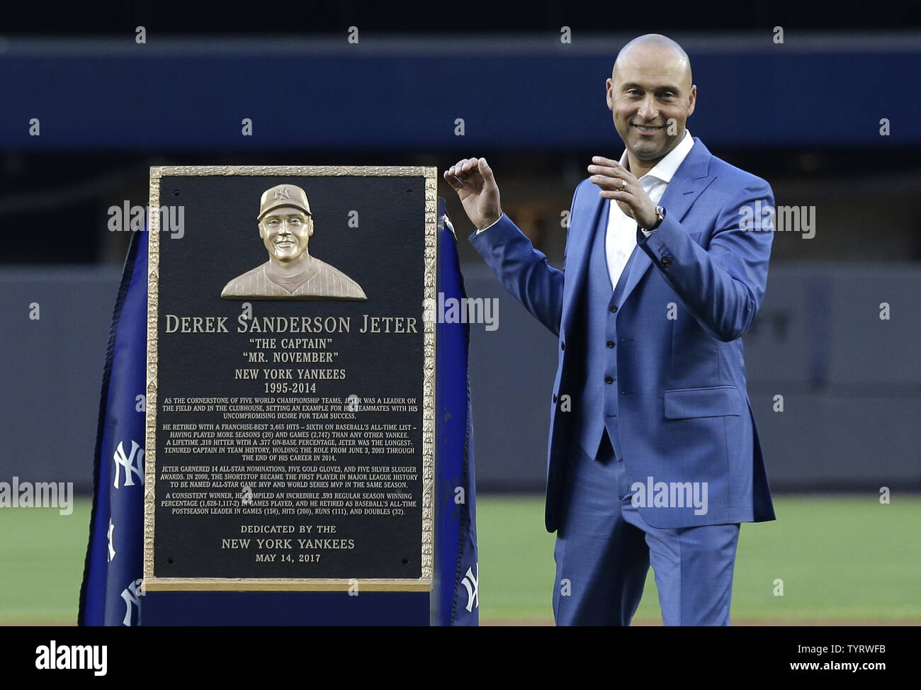 Derek Jeter smiles on the field at a ceremony retiring his number before the Houston Astros play the New York Yankees at Yankee Stadium in New York City on May 14, 2017. The New York Yankees former shortstop had his No. 2 retired and was also honored with a plaque in Monument Park.     Photo by John Angelillo/UPI Stock Photo