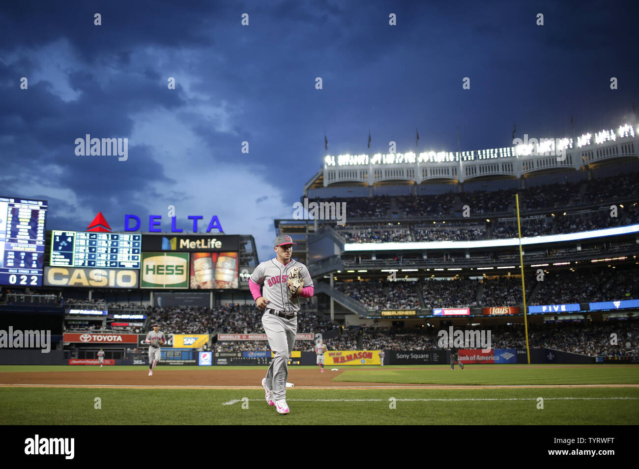 Houston Astros Alex Bregman jogs off of the field in the first inning against the New York Yankees at Yankee Stadium in New York City on May 14, 2017. The New York Yankees former shortstop Derek Jeter before the game had his No. 2 retired and was also honored with a plaque in Monument Park.     Photo by John Angelillo/UPI Stock Photo