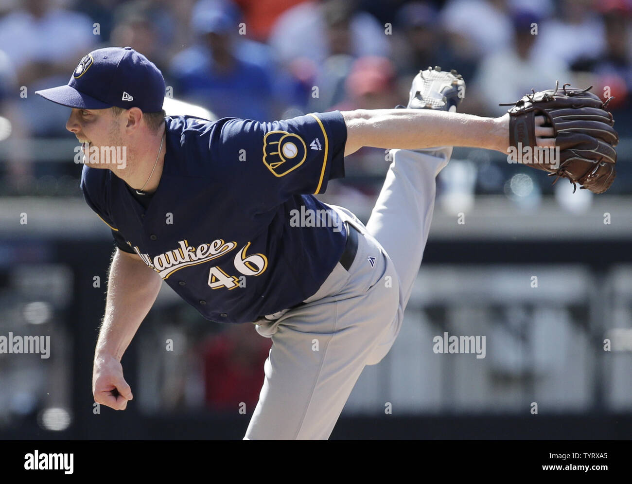 Milwaukee Brewers relief pitcher Corey Knebel throws a pitch in the 9th