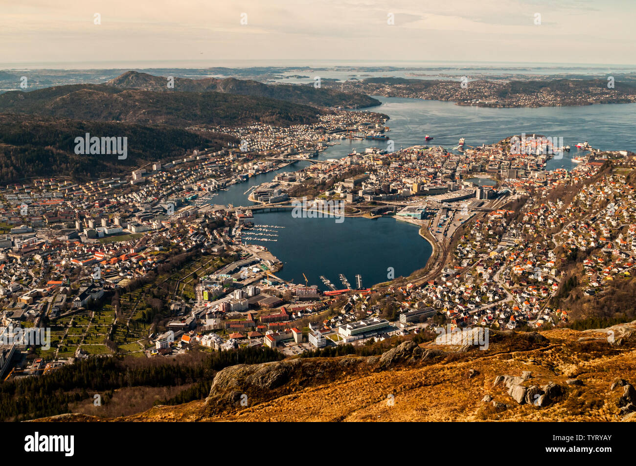 A city view of Bergen, Norway from mount Ulriken. Stock Photo