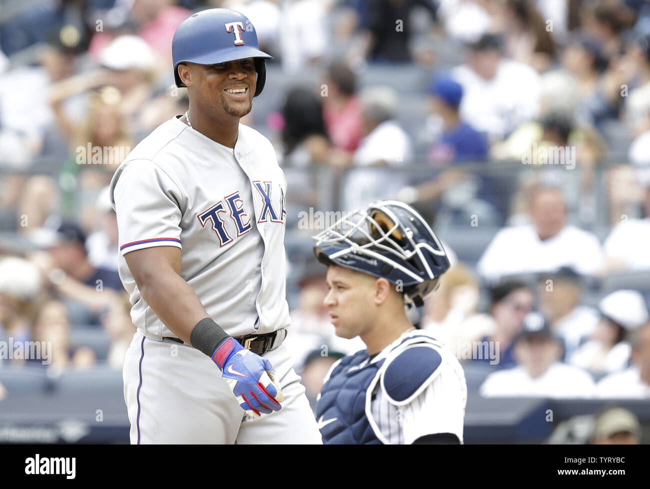 Texas Rangers Adrian Beltre smiles at home plate in the 3rd inning against the New York Yankees at Yankee Stadium in New York City on June 25, 2017.    Photo by John Angelillo/UPI Stock Photo