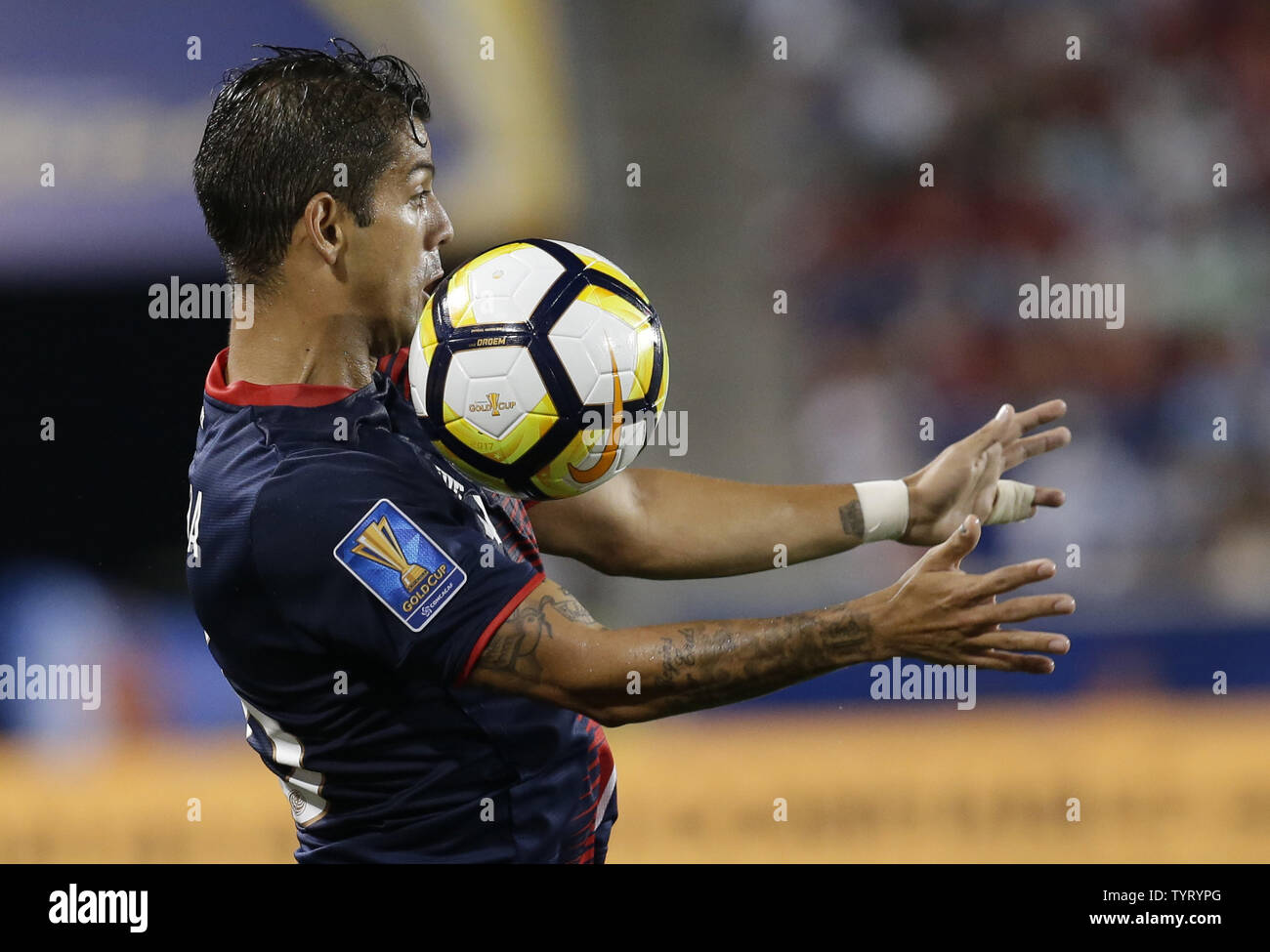 Costa Rica Christian Gamboa stops the ball in the first half against Honduras at the Concacaf Gold Cup 2017 at Red Bull Arena in Harrison New Jersey on July 7, 2017.   Photo by John Angelillo/UPI Stock Photo
