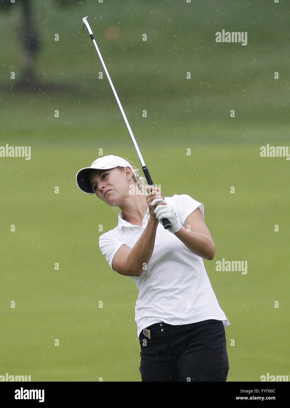 Emily Childs hits an iron on the 16th fairway in the second round of