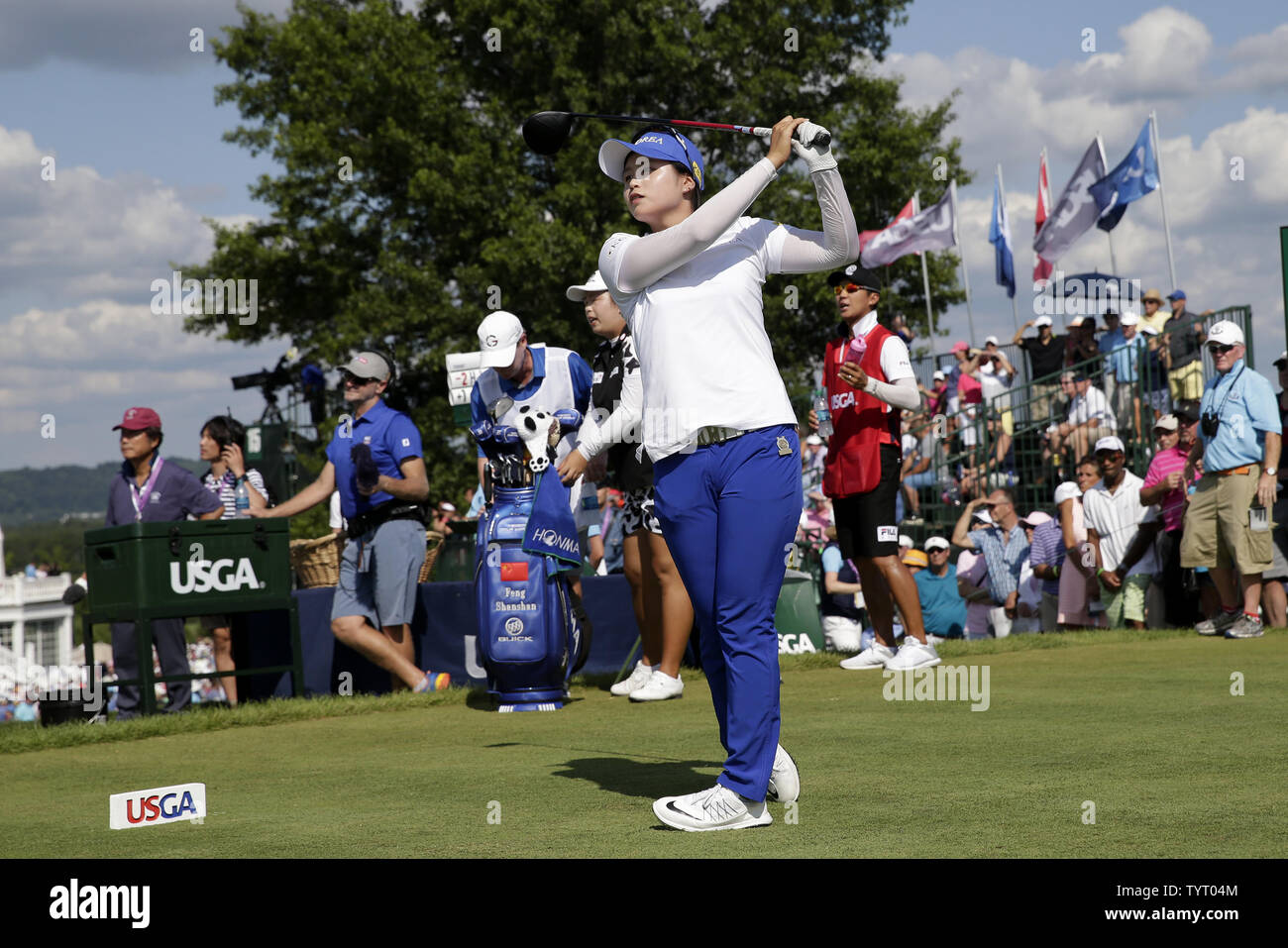 Amature Hye-Jin Choi of South Korea hits a tee shot on the 10th hole at Trump National Golf Club for the final round of the LPGA U.S. Women's Open Championship  in Bedminster, NJ on July 14, 2017.     Photo by John Angelillo/UPI Stock Photo