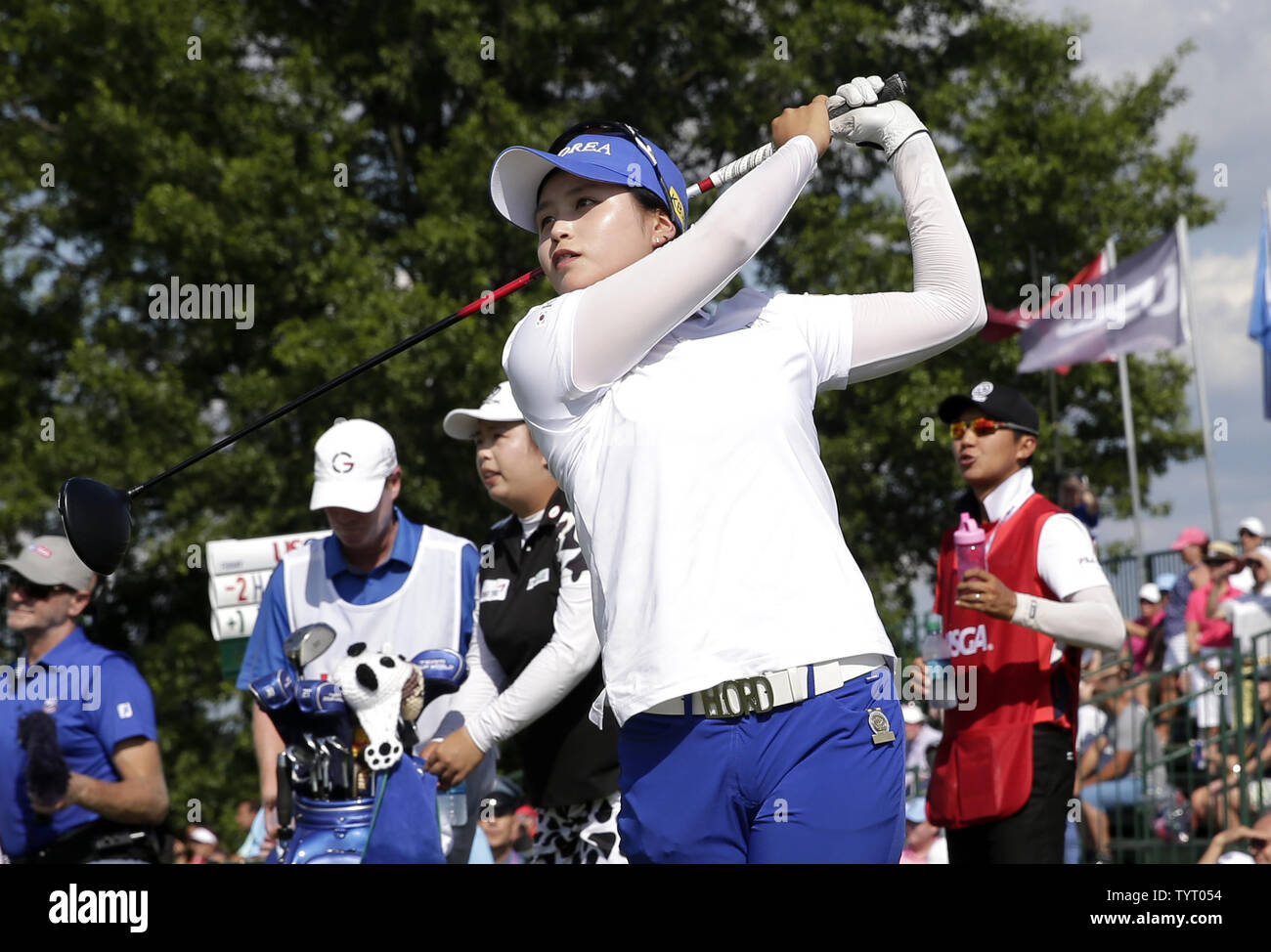Amature Hye-Jin Choi of South Korea hits a tee shot on the 10th hole at Trump National Golf Club for the final round of the LPGA U.S. Women's Open Championship  in Bedminster, NJ on July 14, 2017.     Photo by John Angelillo/UPI Stock Photo