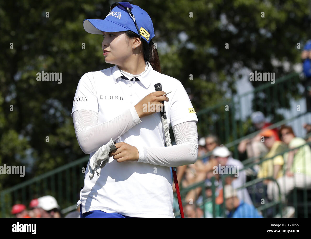 Amature Hye-Jin Choi of South Korea arrives on the 10th hole tee box at Trump National Golf Club for the final round of the LPGA U.S. Women's Open Championship  in Bedminster, NJ on July 14, 2017.     Photo by John Angelillo/UPI Stock Photo