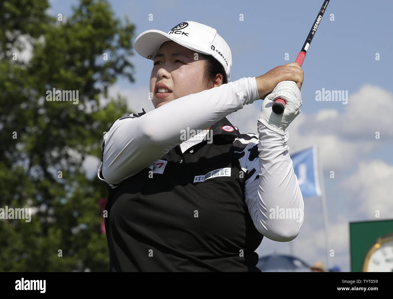 Shanshan Feng of China hits a tee shot on the 10th hole at Trump National Golf Club in the final round of the LPGA U.S. Women's Open Championship  in Bedminster, NJ on July 14, 2017.     Photo by John Angelillo/UPI Stock Photo